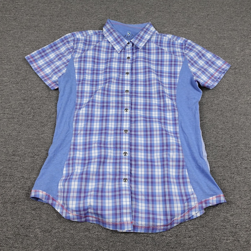 Kuhl Shirt Womens Large Blue Plaid Short Sleeve Button Up Hiking Top Outdoor